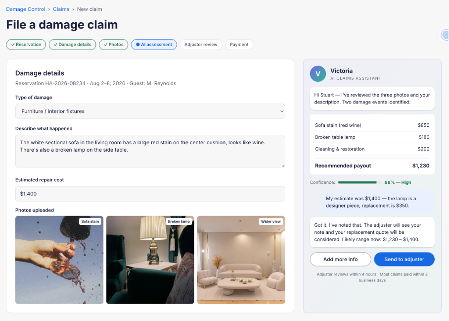 Velaris damage claim workflow showing damage details, uploaded photos, AI assessment, adjuster review, and payment